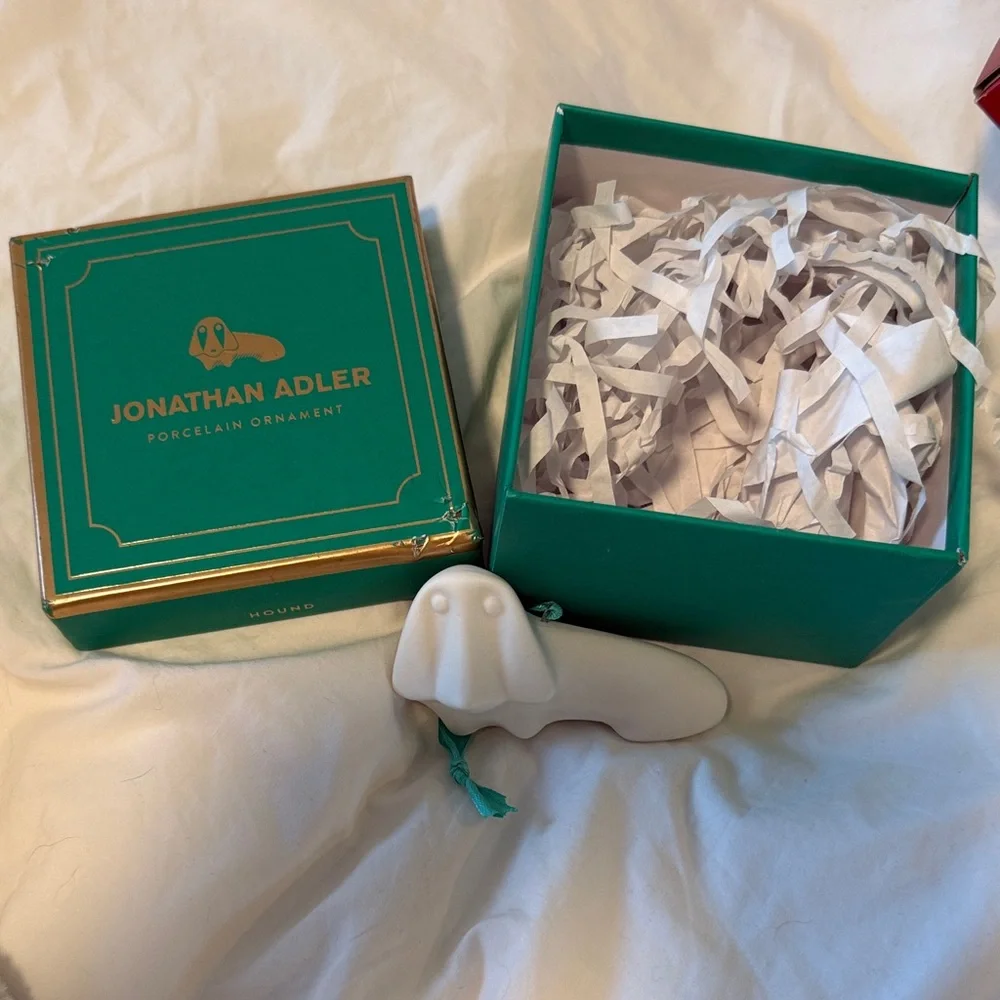 Jonathan Adler White Porcelain Hound Dog Ornament with Teal Gift Box and Ribbon